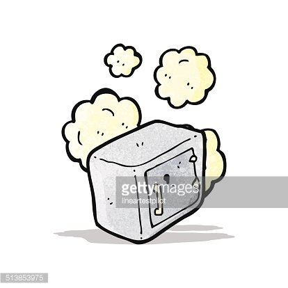 Cartoon safe exploding with smoke clouds, symbolizing security breach or data leak.