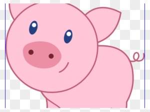 Cute pink cartoon pig with big blue eyes, smiling face, and curly tail on transparent background.