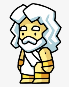 Cartoon-style ancient philosopher with white curly hair, beard, and toga, standing confidently.