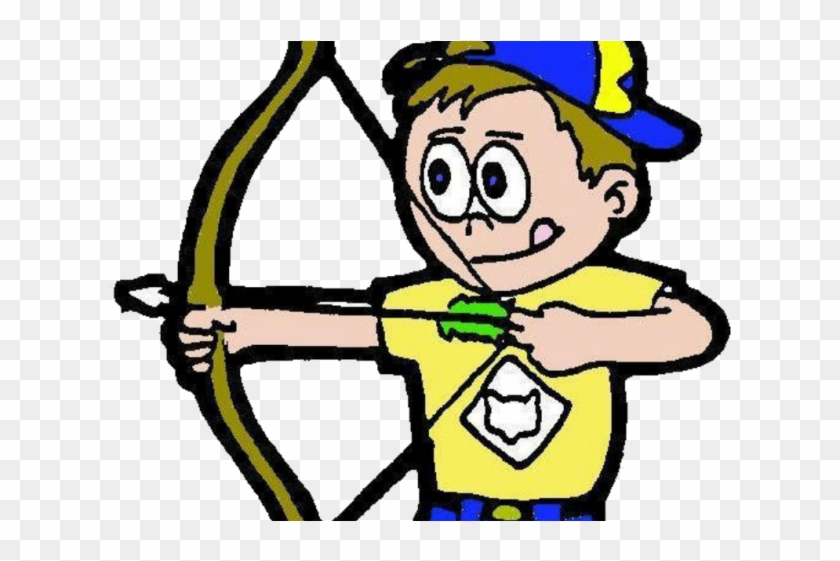 Cartoon boy in yellow shirt and blue cap aiming a bow and arrow with focused expression.