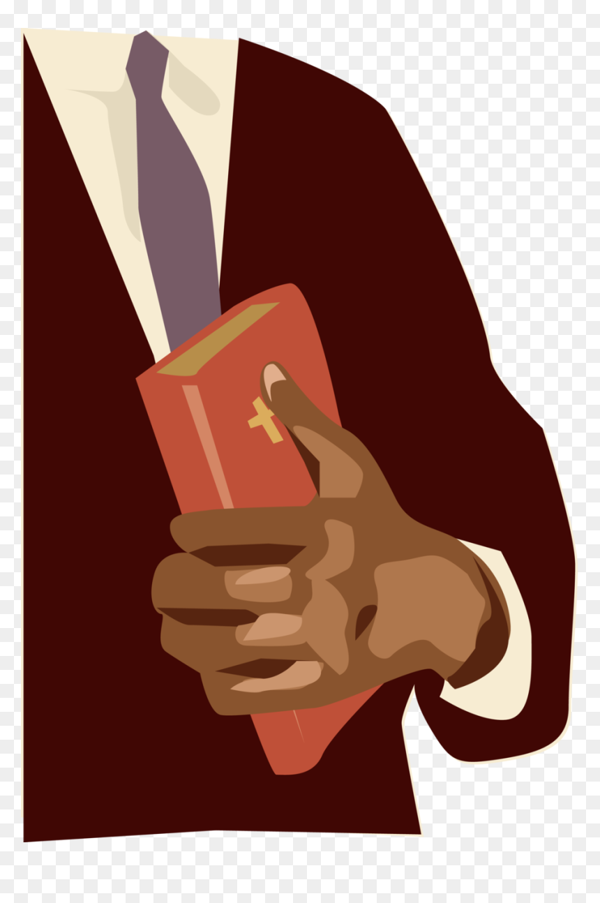 A person in a dark suit and tie holding a red Bible with a gold cross on the cover.