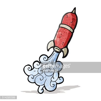 Cartoon-style red rocket launching with swirling blue exhaust smoke against white background.