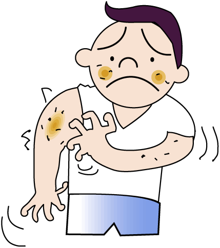 Man with itchy, inflamed skin rash on arm and face, showing discomfort and scratching.