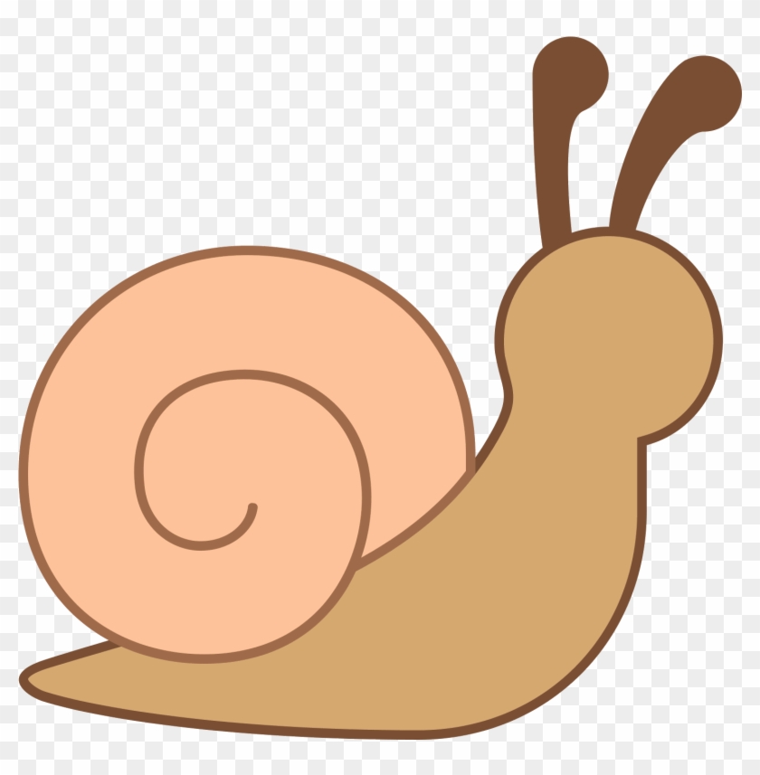 Cute cartoon snail with peach shell and tan body, two antennae raised, on transparent background.