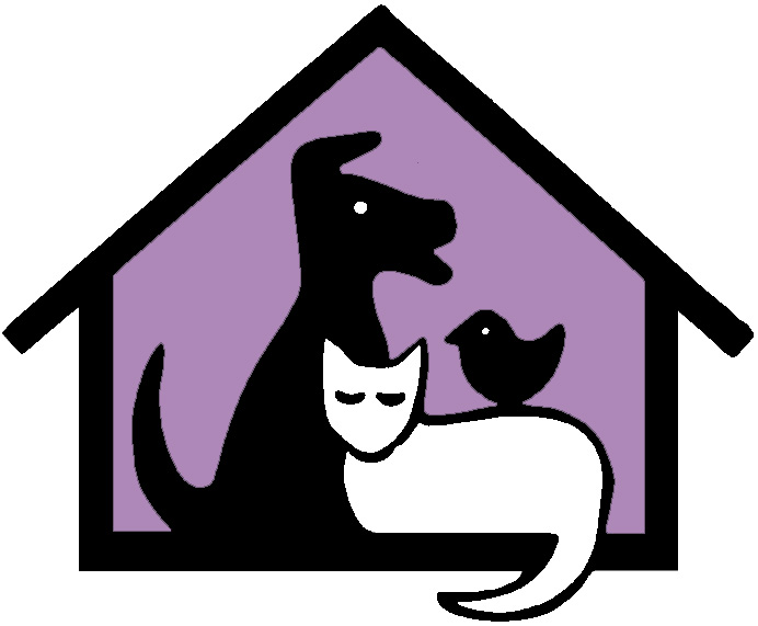 Silhouette logo of a dog, cat, and bird inside a purple house outline.