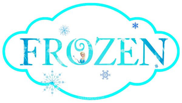 Frozen logo with Elsa character, icy blue typography, snowflakes, and cloud-shaped border.