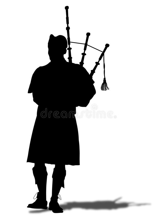 Silhouette of a bagpiper in traditional kilt and sporran, playing Scottish Highland bagpipes against white background.