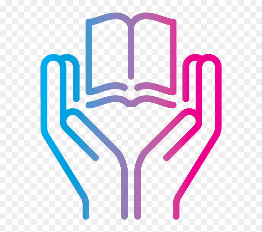 Two hands cupping an open book, gradient from blue to pink, symbolizing education, support, and knowledge sharing.