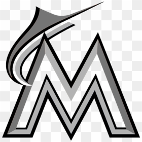 Miami Marlins logo featuring a stylized "M" with a marlin fish leaping above in grayscale.