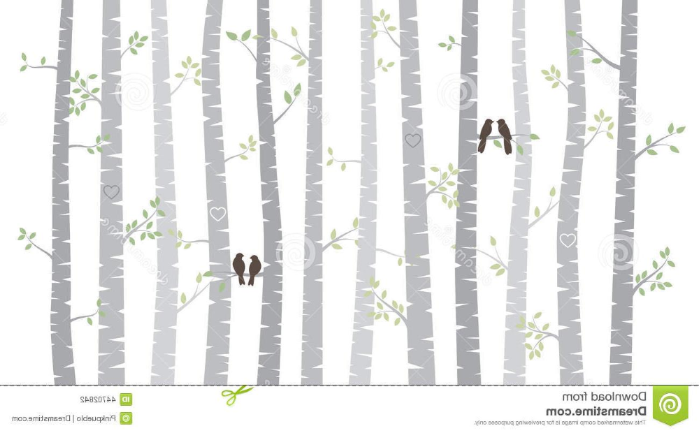 Serene Birch Forest Illustration with Birds and Hearts - Free Download