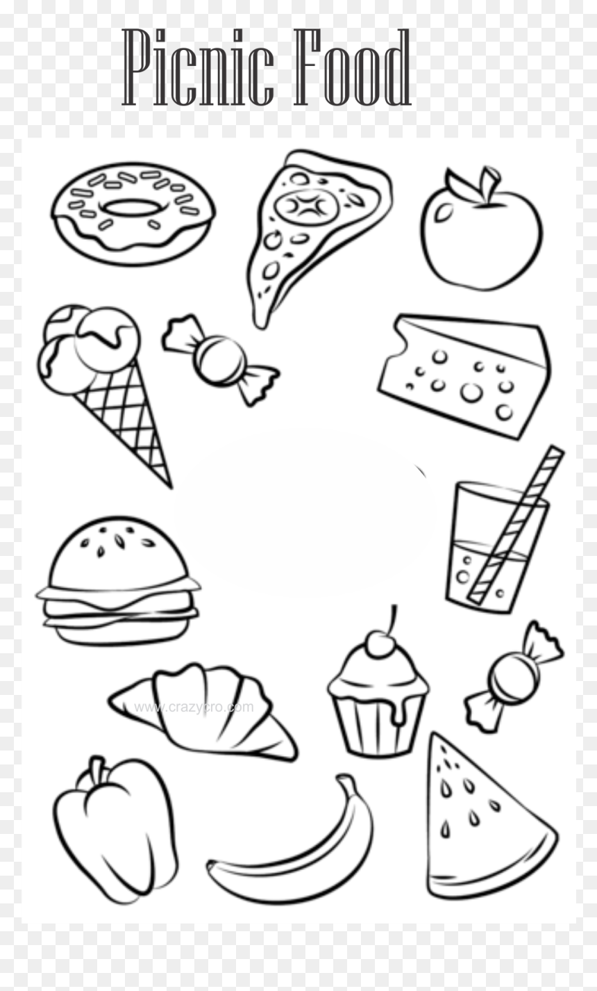 Black-and-white line drawing of picnic foods including pizza, apple, burger, ice cream, watermelon, and candy.