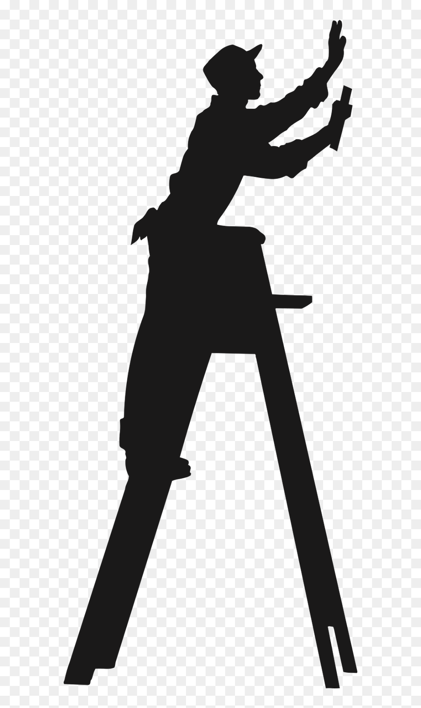 Worker on Ladder Silhouette - Construction & Maintenance Clipart