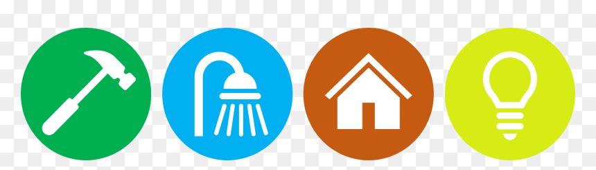 Four circular icons representing home improvement: hammer, shower, house, and lightbulb.