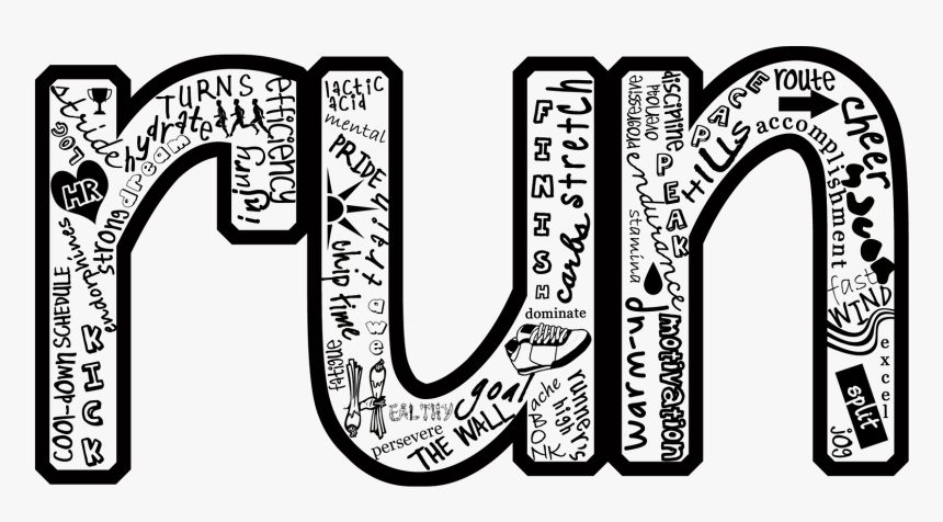Hand-drawn typographic illustration of the word "RUN" filled with running-related terms like endurance, motivation, hills, and goal.