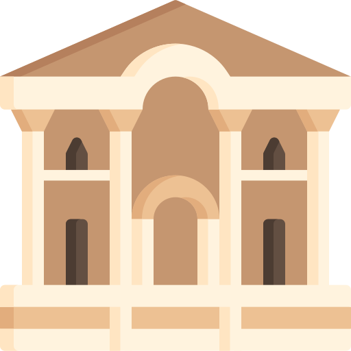 Stylized illustration of a classical temple with columns, pediment, and arched entrance in warm earth tones.