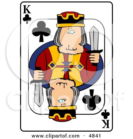 Cartoon King of Clubs playing card with crowned king holding two swords, mirrored design, black club symbols.
