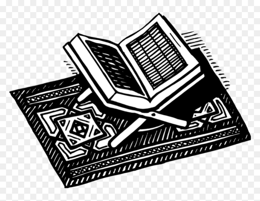 Open book resting on an ornate prayer rug with a wooden stand, black-and-white line art illustration.