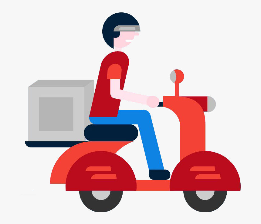 Delivery rider on red scooter with cargo box, wearing helmet and uniform.