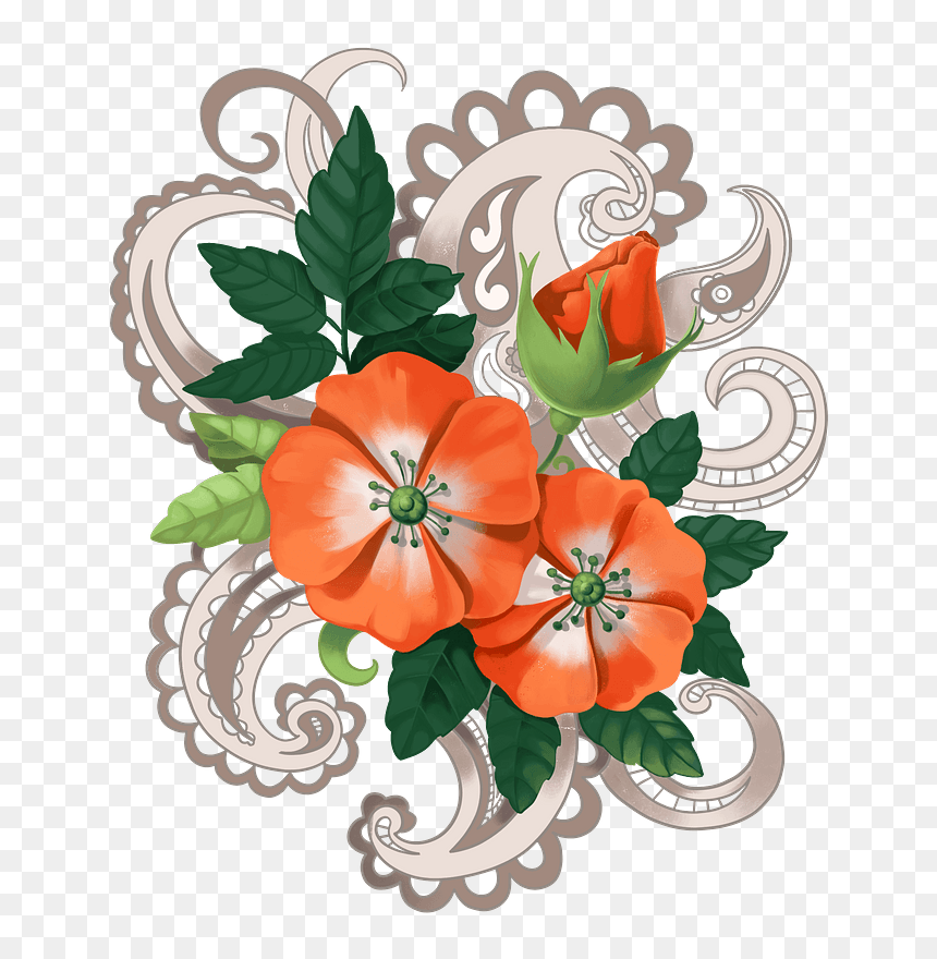 Vibrant orange poppy flowers with green leaves and ornate beige scrollwork background.