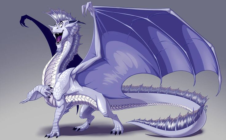 A stylized white and lavender dragon with spiky mane, open jaws, and expansive wings posed dynamically against a gray background.