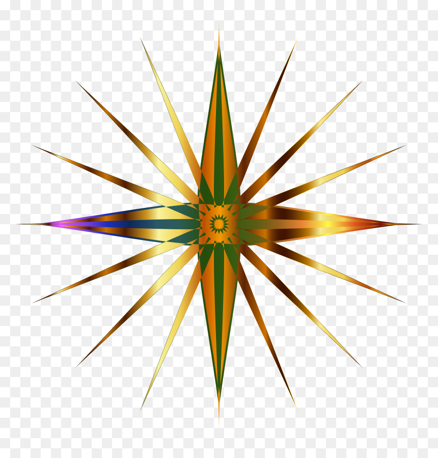 Golden and green radiant starburst with multicolored rays on transparent background.