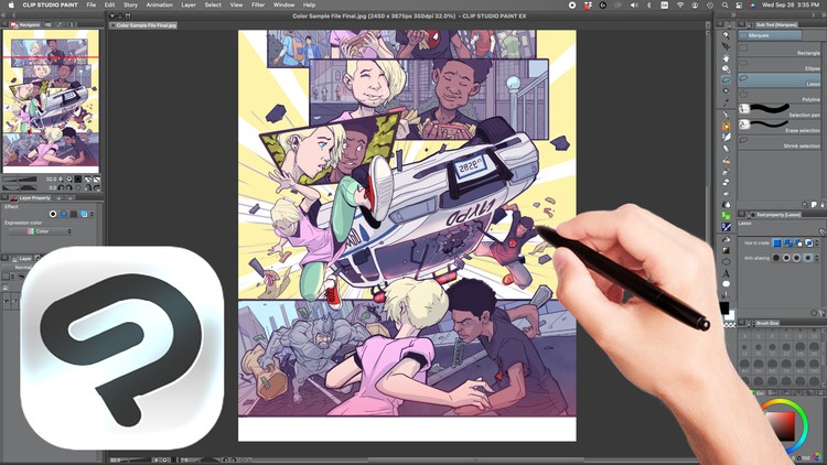 Digital comic illustration in Clip Studio Paint with artist hand drawing using stylus.
