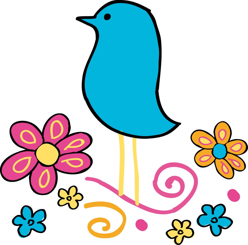 Blue cartoon bird standing among colorful flowers and swirls on white background.