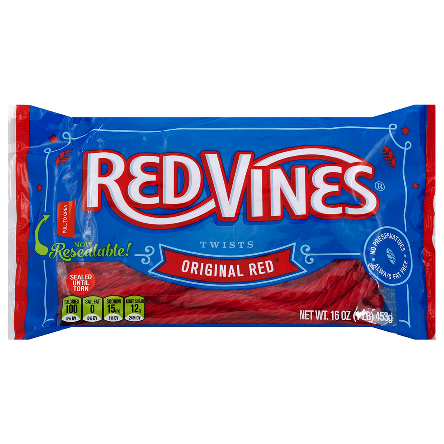 Red Vines Original Red Twists candy package, blue and red packaging with nutrition facts and resealable feature highlighted.