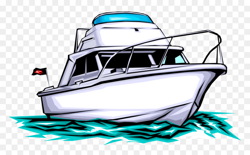 White motor yacht with blue canopy and red flag, cruising on stylized turquoise waves.