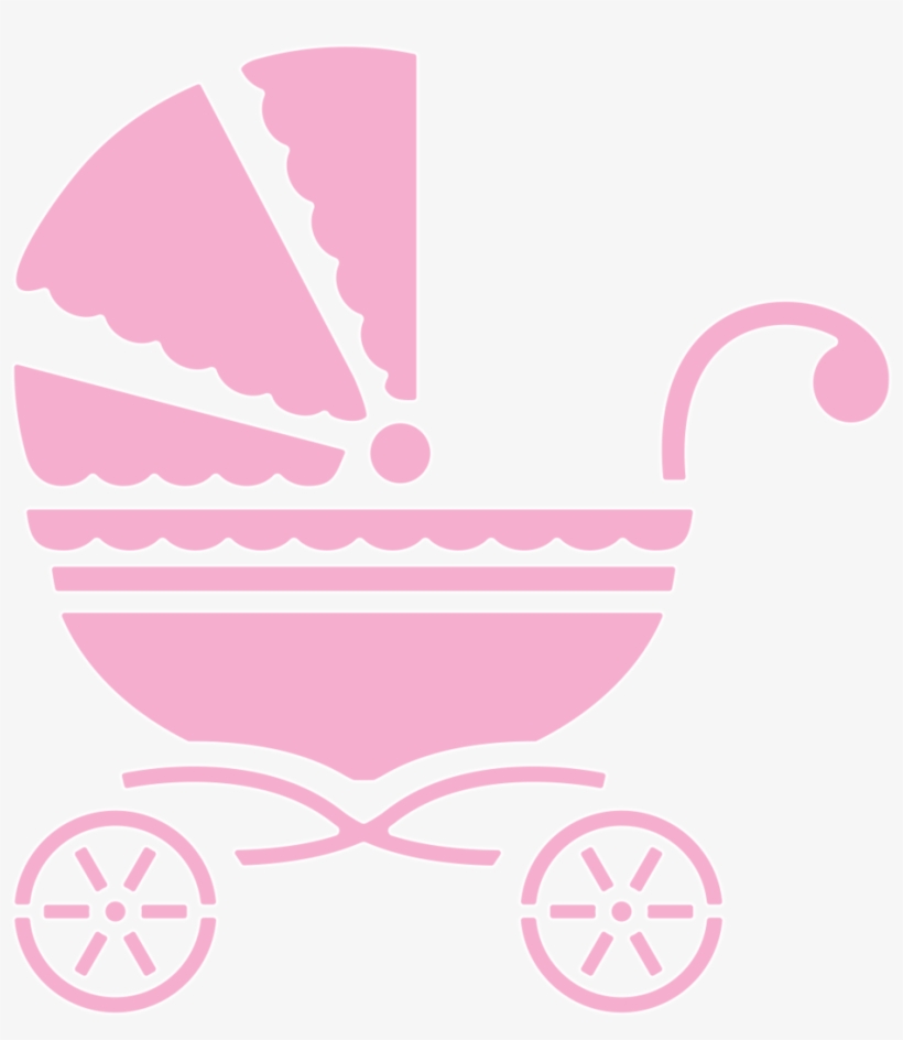 Pink vintage-style baby carriage silhouette with scalloped canopy and spoked wheels.