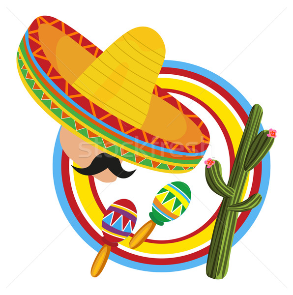 Colorful Mexican sombrero, mustache, maracas, and cactus on striped circular background.