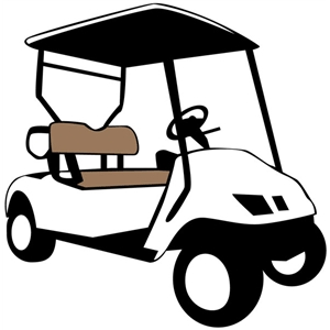 White two-seater golf cart with black canopy, steering wheel, and brown seats, shown in side profile.