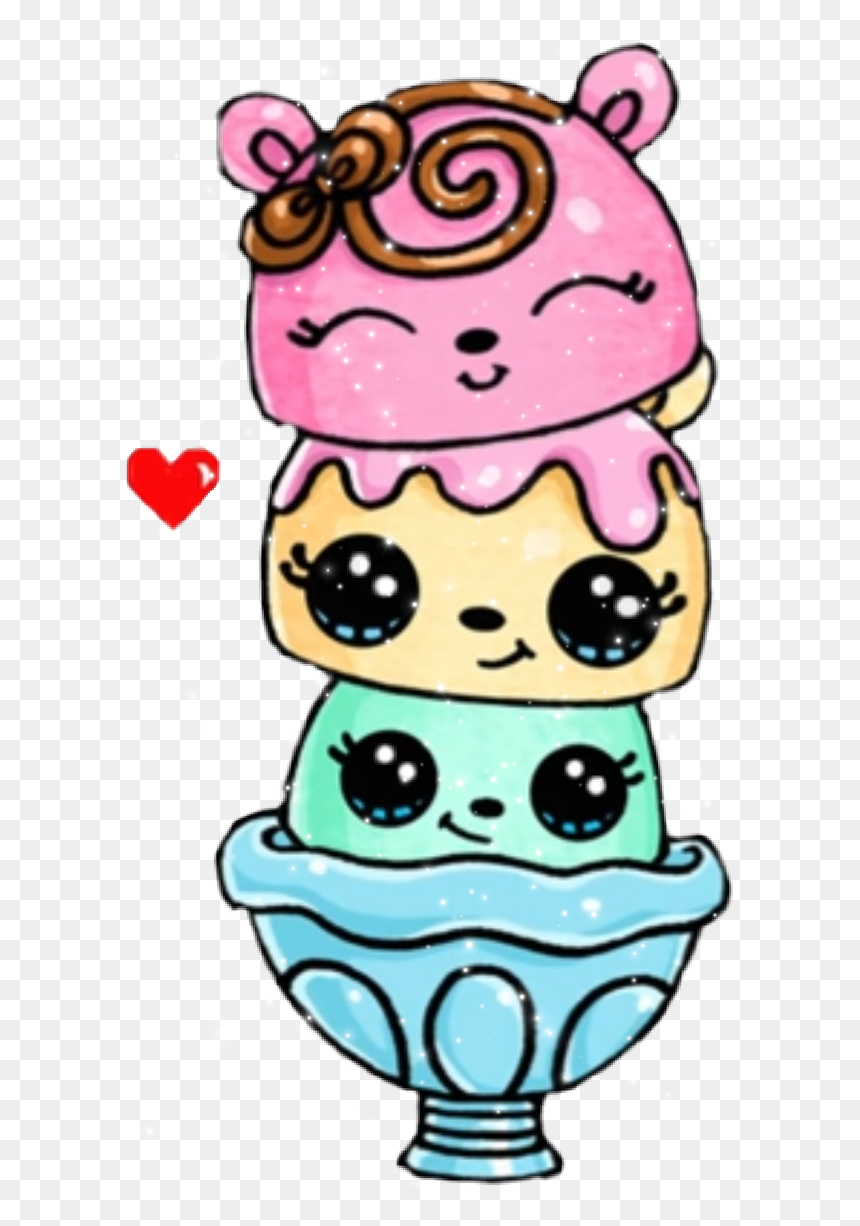 Cute kawaii-style stacked ice cream characters with smiling faces, sparkles, and a red heart icon.