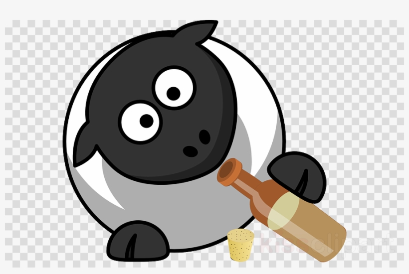 Cartoon black-and-white sheep holding a wine bottle and cup, with wide eyes and surprised expression.
