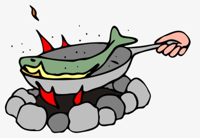 A cartoon fish sizzling in a frying pan over an open campfire, held by a hand.