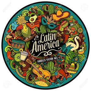 Vibrant circular doodle art featuring Latin American culture icons like sombreros, guitars, masks, and tropical flora.