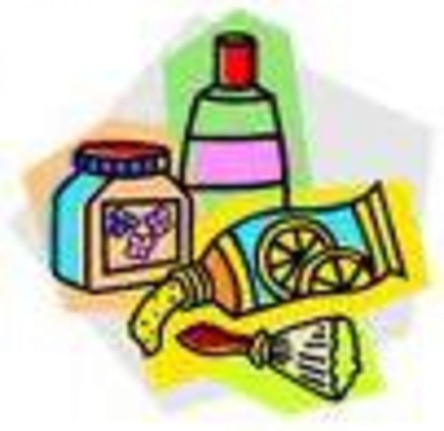 Colorful illustration of art supplies: paint jars, squeeze tubes, a bottle, and a paintbrush on a bright background.