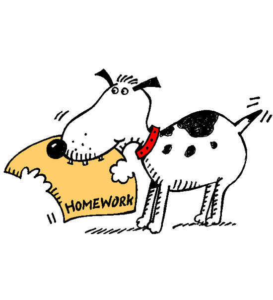 A cartoon dog with a red collar chews on a yellow paper labeled "HOMEWORK", shaking its tail excitedly.