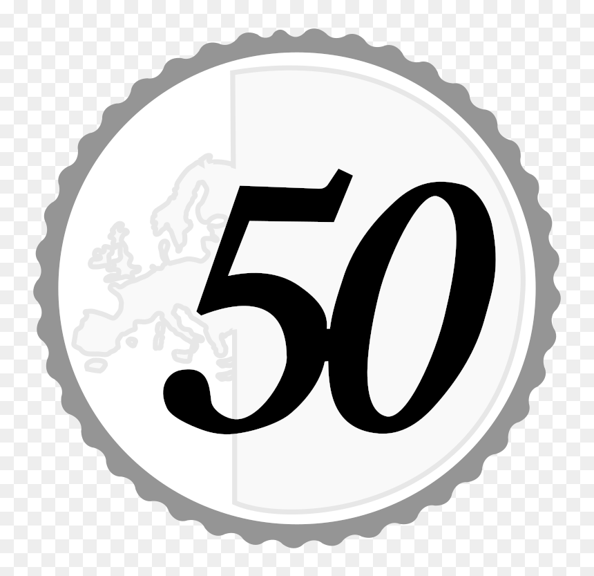 Euro 50 coin icon with map of Europe in background, grayscale design with bold numerals.