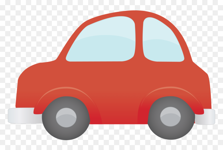 Red cartoon-style car with light blue windows and gray wheels on transparent background.