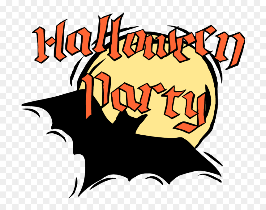 Halloween Party graphic with orange gothic text over a yellow moon and black bat silhouette.