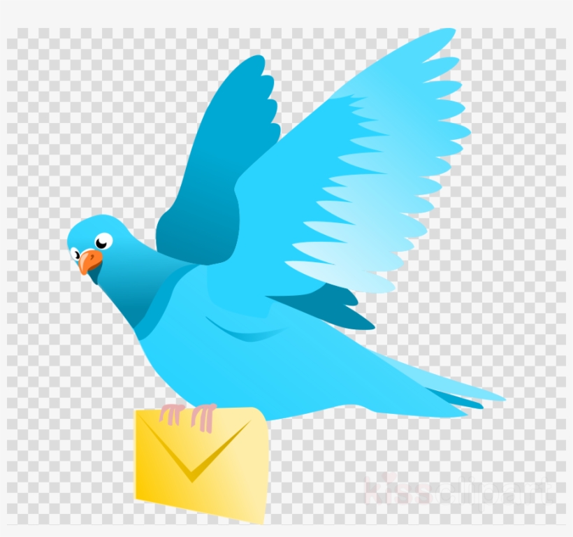 Blue cartoon pigeon in flight carrying a yellow envelope.