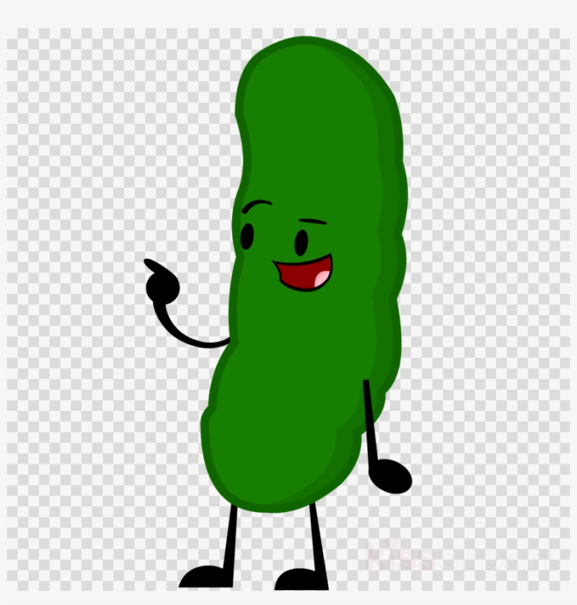 Cheerful green pickle cartoon character with arms, legs, and a pointing gesture on transparent background.