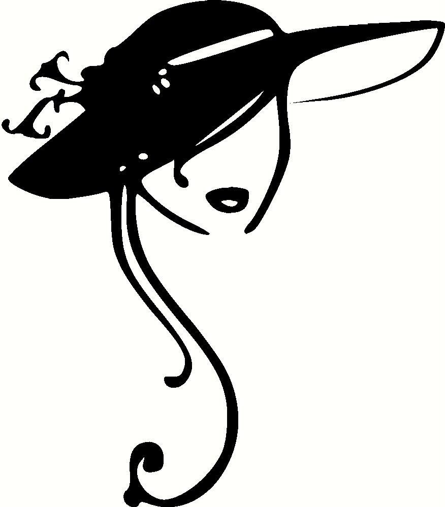Stylized black-and-white silhouette of a woman in a wide-brimmed hat with decorative flourish and elegant neck scarf.