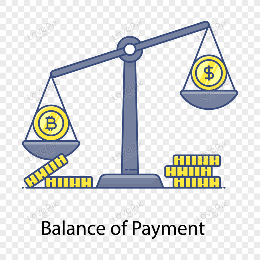 A balance scale comparing Bitcoin and US dollar coins, with stacks of gold bars below, labeled "Balance of Payment".