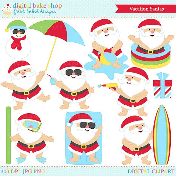 Vacation Santa clipart set featuring summer-themed Santas with sunglasses, surfboards, umbrellas, and pool floats.