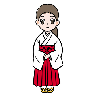 A smiling cartoon girl in traditional Japanese shrine maiden (miko) attire: white haori, red hakama, and yellow zōri sandals.