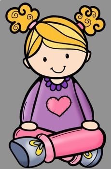 Smiling cartoon girl with blonde pigtails, purple dress, pink heart, and roller skates.