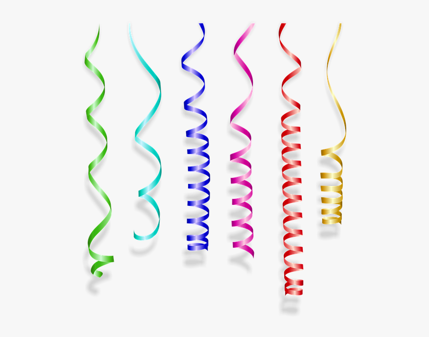 Six colorful spiral party streamers-green, teal, blue, pink, red, and gold-floating against a white background.