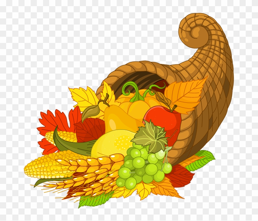 A colorful cornucopia overflowing with autumn harvest items including corn, grapes, apples, wheat, and fall leaves.